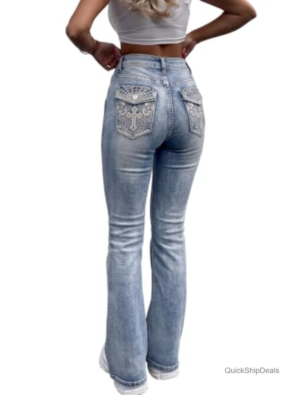 Embroidered Flare Jeans Flap Back Pockets Western Rock Gothic